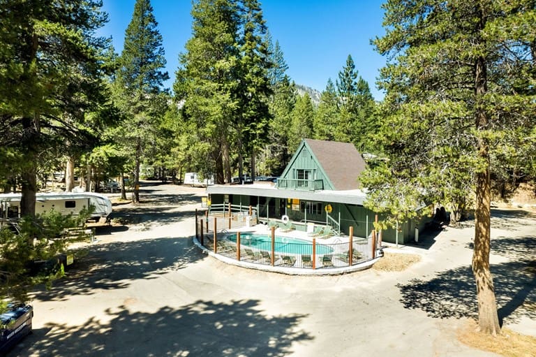 The swimming pool and rec room at the Lake Tahoe KOA just outside of South Lake Tahoe