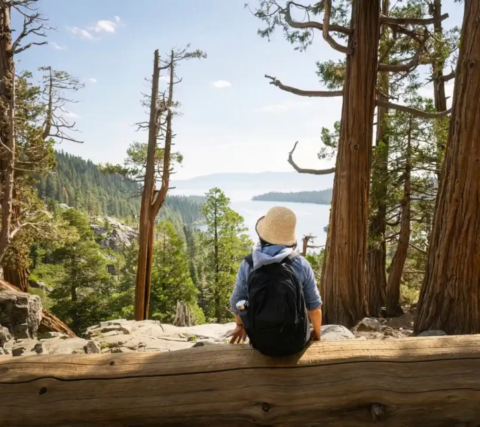 Girl in a bucket hat sitting on a log looking out at the stunning Emerald Bay in Lake Tahoe